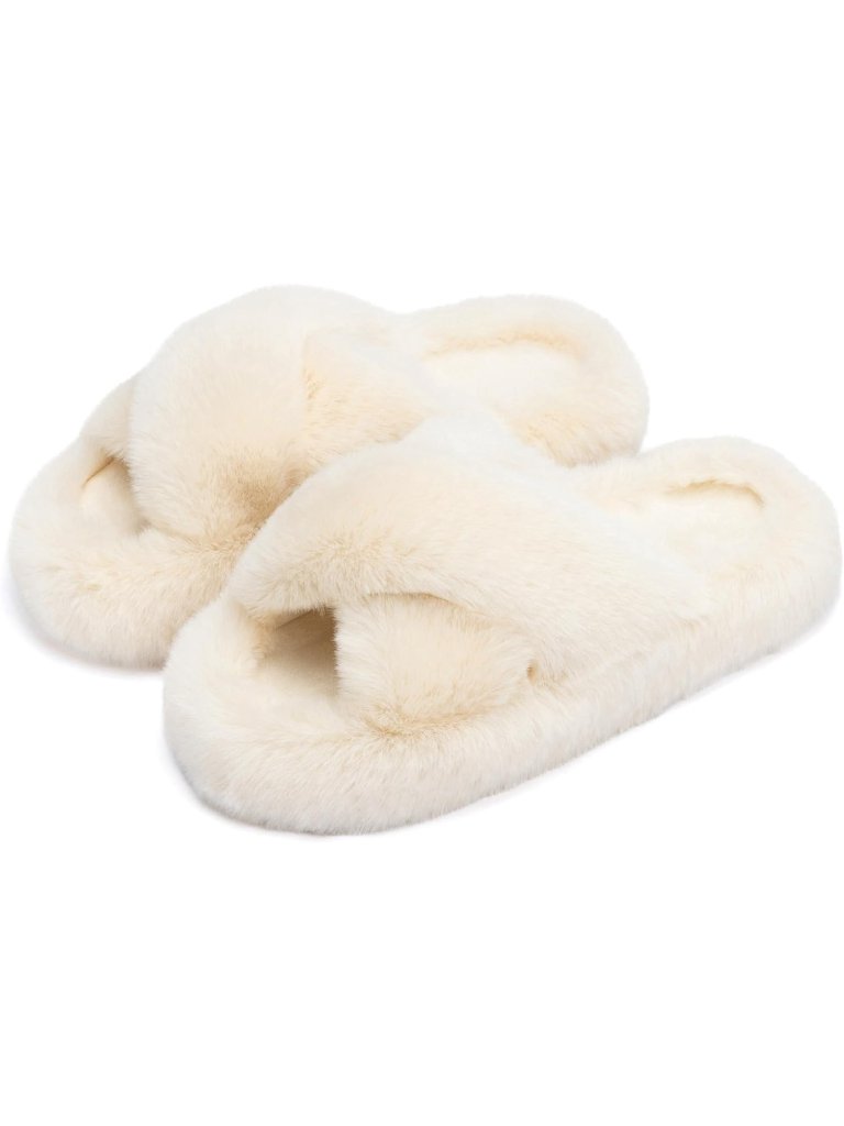 Women's Beige Cross Memory Foam Soft Faux Fur Lined Open Toe Indoor Slippers